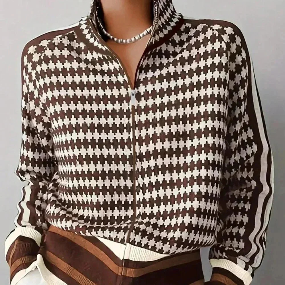 Multicolor Casual Women's Pattern Zippered Knitted Stand Collar Cardigan - Picture 3 of 3